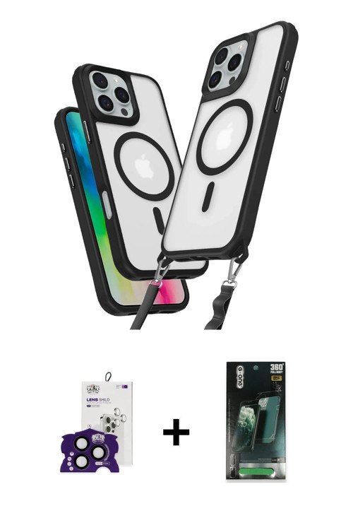 ieg™ iPhone 16 Pro Max Kılıf Atlas Doku Koleksiyonu - Siyah 360 Mat Full Body Arka Koruyucu + Siyah