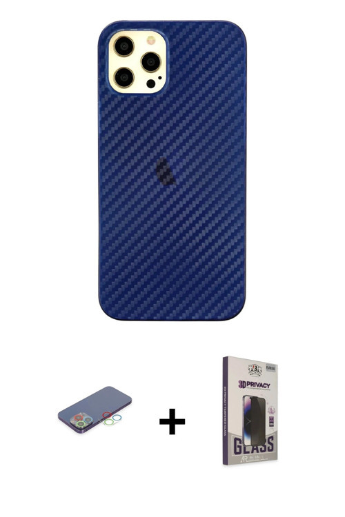 ieg™ iPhone 12 Pro Max Kılıf Nova Çizgi - Siyah Bilvis Hayalet Cam Ekran Koruyucu + Mavi Renkli Kame
