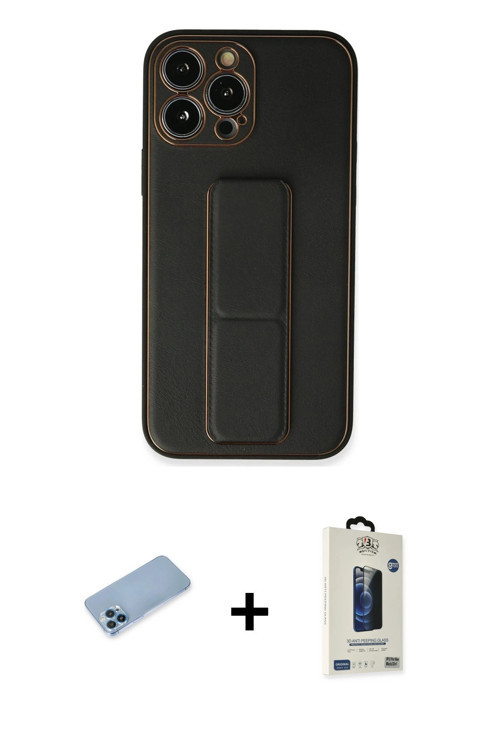 ieg™ iPhone 13 Pro Max Kılıf Akış Doku - Siyah Bilvis Hayalet Cam Ekran Koruyucu + Mavi Shine Kamera