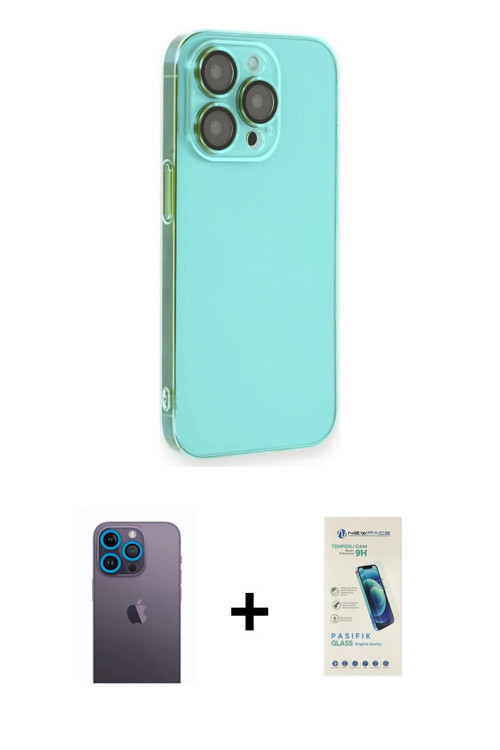 ieg™ iPhone 13 Pro Max Kılıf Siluet Minimal Özel Seri - Şeffaf Pasifik Cam Ekran Koruyucu + Mavi Neo