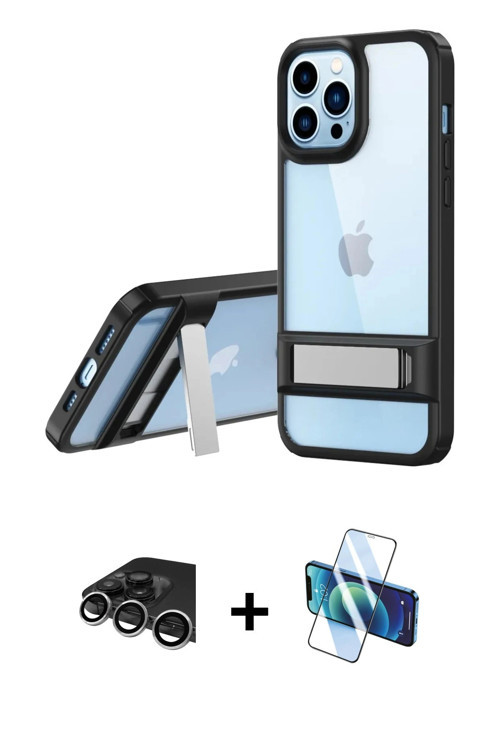 ieg™ iPhone 13 Pro Max Kılıf Yadigar Yansıma - Siyah 3D Antistatik Cam Ekran Koruyucu + Gümüş Raze M