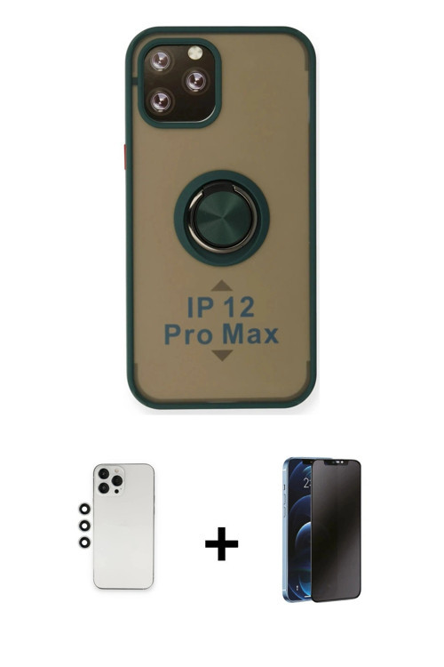 ieg™ iPhone 12 Pro Kılıf Yörünge Çizgi - Siyah 3D Antistatik Hayalet Cam Ekran Koruyucu + Gümüş Shin