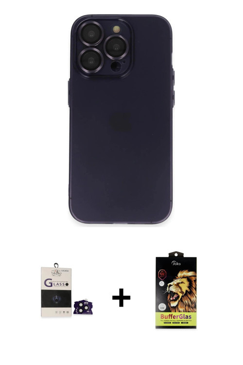 ieg™ iPhone 14 Pro Max Kılıf Ufuk Minimal Özel Seri - Siyah Buffer Cam Ekran Koruyucu + Siyah Bilvis