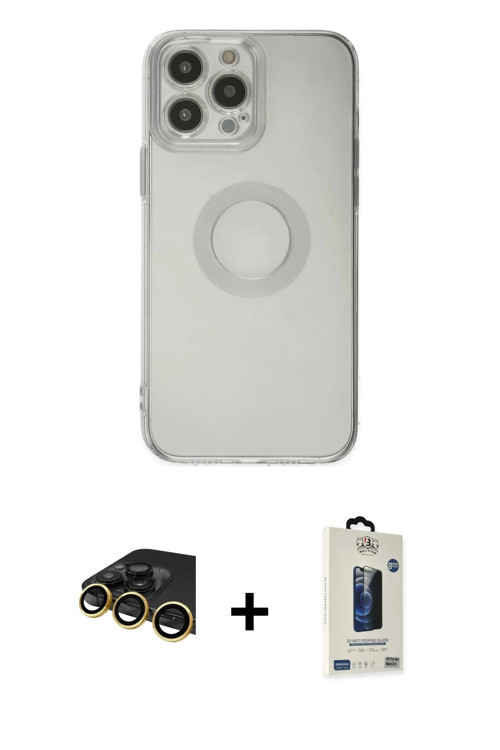 ieg™ iPhone 14 Pro Max Kılıf Kutup Klasik - Siyah Bilvis Hayalet Cam Ekran Koruyucu + Gold Raze Meta