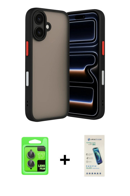 ieg™ iPhone 17 Kılıf Ahenk Çizgi Serisi - Şeffaf Pasifik Cam Ekran Koruyucu + Gri Raze Metal Kamera