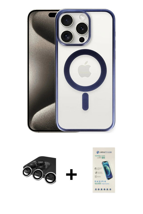 ieg™ iPhone 15 Pro Max Kılıf Siluet Çizgi Serisi - Şeffaf Pasifik Cam Ekran Koruyucu + Gümüş Raze Me