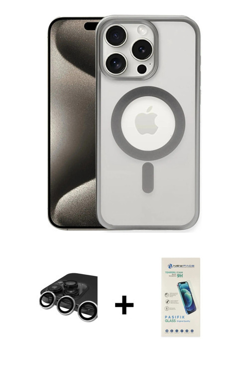 ieg™ iPhone 15 Pro Max Kılıf Siluet Çizgi Serisi - Şeffaf Pasifik Cam Ekran Koruyucu + Gümüş Raze Me