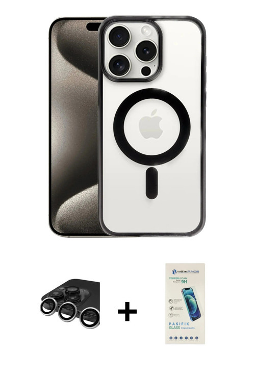 ieg™ iPhone 15 Pro Max Kılıf Siluet Çizgi Serisi - Şeffaf Pasifik Cam Ekran Koruyucu + Gümüş Raze Me
