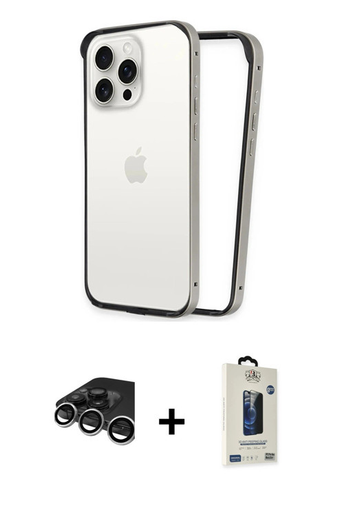 ieg™ iPhone 15 Pro Kılıf Pusula Asil Koleksiyonu - Siyah Bilvis Hayalet Cam Ekran Koruyucu + Gümüş R