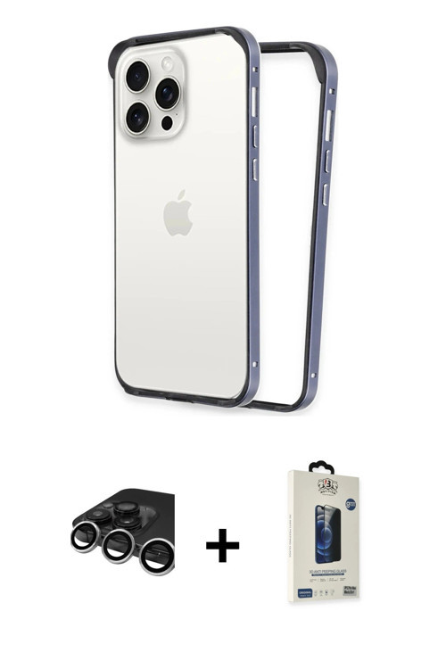 ieg™ iPhone 15 Pro Kılıf Pusula Asil Koleksiyonu - Siyah Bilvis Hayalet Cam Ekran Koruyucu + Gümüş R