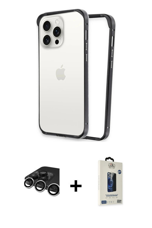 ieg™ iPhone 15 Pro Kılıf Pusula Asil Koleksiyonu - Siyah Bilvis Hayalet Cam Ekran Koruyucu + Gümüş R
