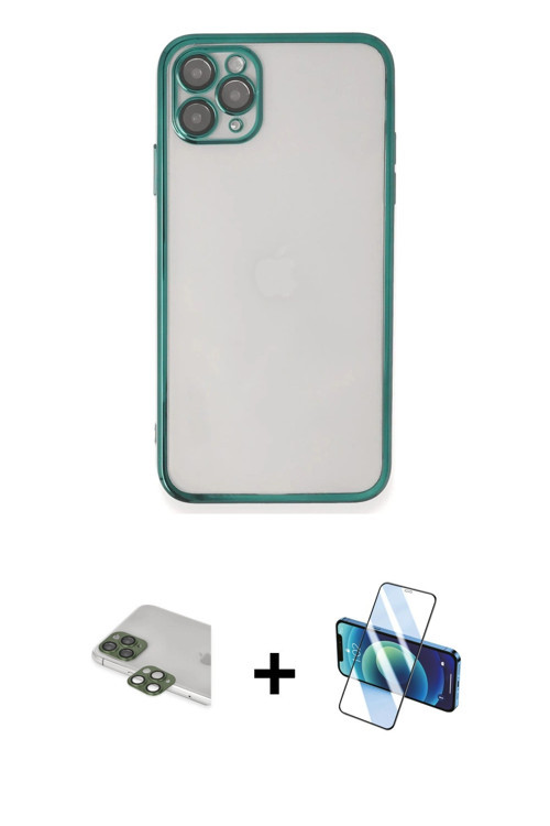 ieg™ iPhone 11 Pro Max Kılıf Vadi Minimal - Siyah 3D Antistatik Cam Ekran Koruyucu + Yeşil Pers Alüm
