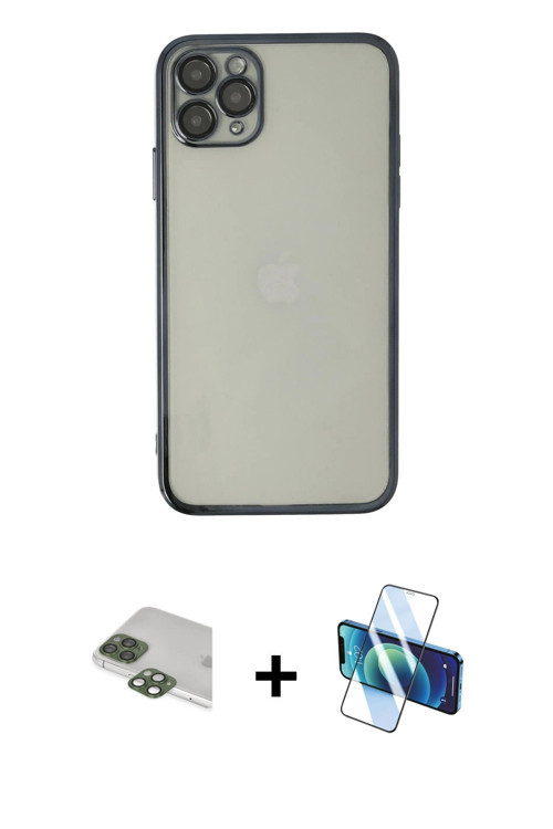 ieg™ iPhone 11 Pro Max Kılıf Vadi Minimal - Siyah 3D Antistatik Cam Ekran Koruyucu + Yeşil Pers Alüm