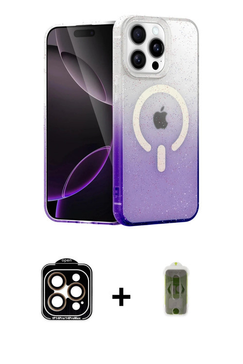 ieg™ iPhone 14 Pro Max Kılıf Eksen Minimal Özel Seri - Siyah Joko Magic 5D Hayalet Cam + Turuncu PVD