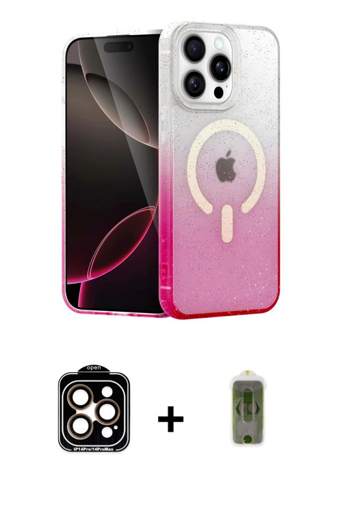 ieg™ iPhone 14 Pro Max Kılıf Eksen Minimal Özel Seri - Siyah Joko Magic 5D Hayalet Cam + Turuncu PVD