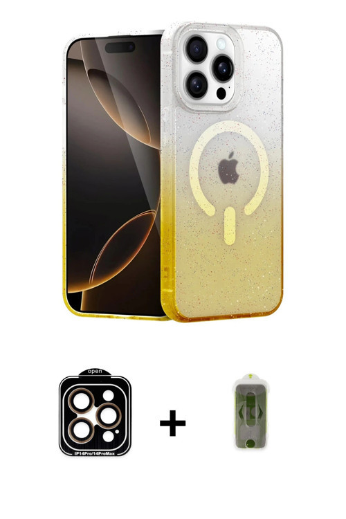 ieg™ iPhone 14 Pro Max Kılıf Eksen Minimal Özel Seri - Siyah Joko Magic 5D Hayalet Cam + Turuncu PVD