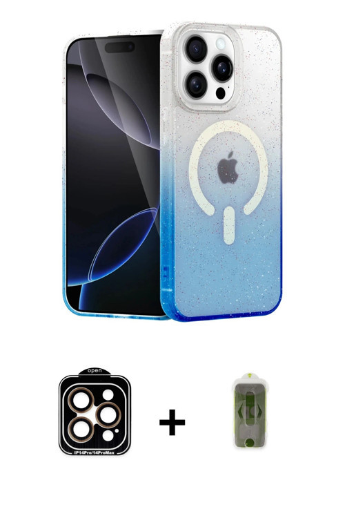 ieg™ iPhone 14 Pro Max Kılıf Eksen Minimal Özel Seri - Siyah Joko Magic 5D Hayalet Cam + Turuncu PVD
