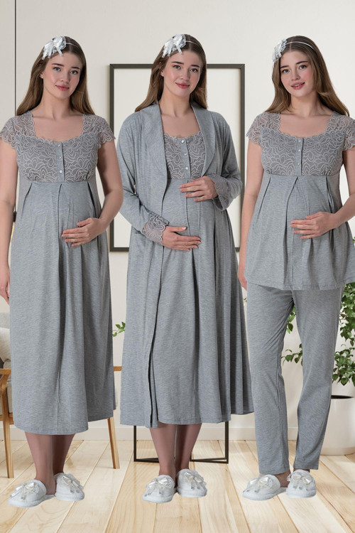 Mecit 6066 Gri Sabahlıklı Gecelik Pijama Lohusa Set