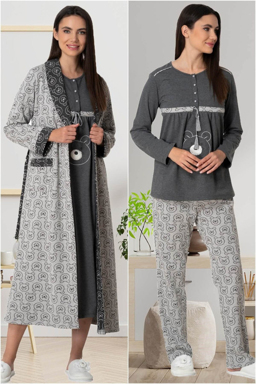 Mecit 5553 Gri Dört Parça Pijama, Gecelik, Sabahlık Lohusa Seti