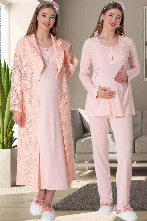 Mecit 5901 Alina Pudra Sabahlık Pijama Gecelik Lohusa Set