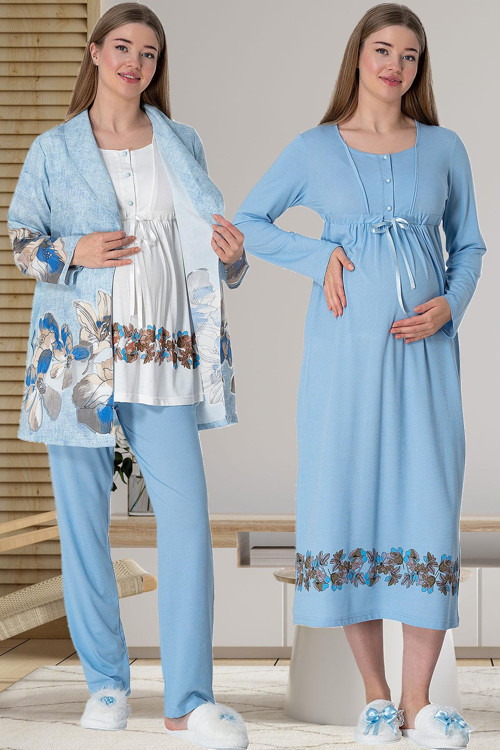 Mecit 5903 Bloom Mavi Sabahlık Pijama Gecelik Lohusa Set