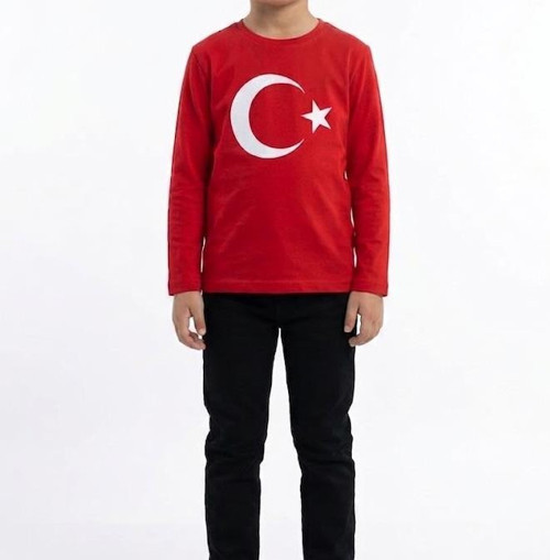 Erkek Çocuk Ay Yıldız Türk Bayraklı Uzun Kollu Tişört Kırmızı