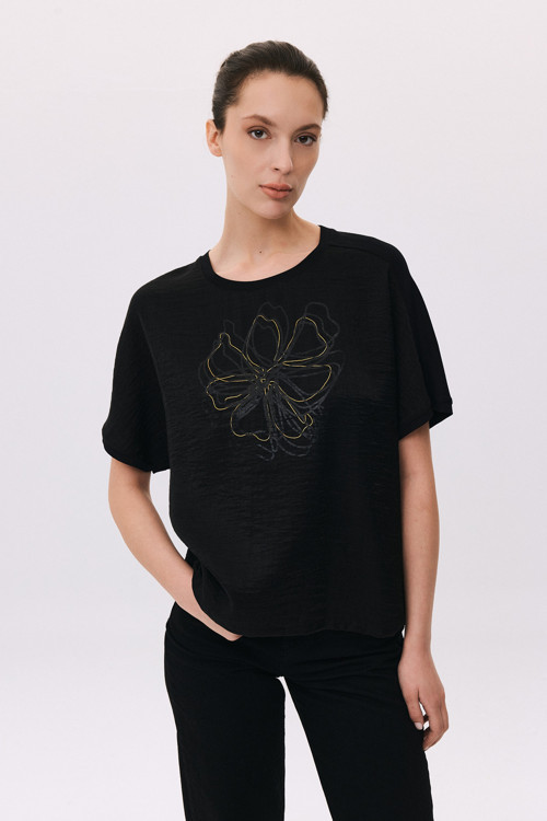 Kadın Yuvarlak Yaka Kısa Kollu Desenli T-Shirt 6217 Siyah