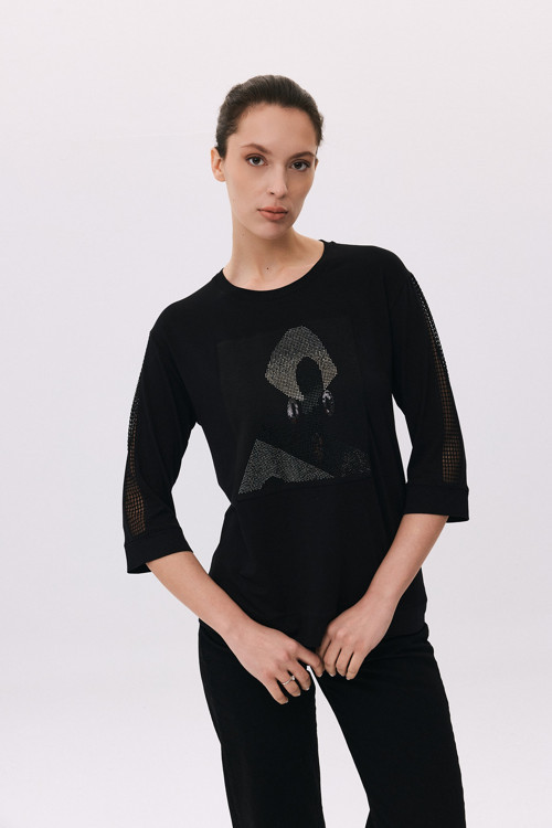 Kadın Yuvarlak Yaka Truvakar Kol Penye T-Shirt 6242 Siyah