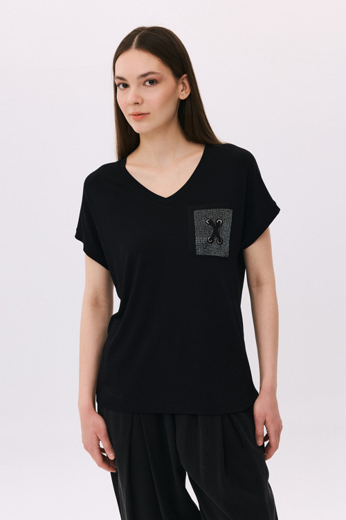 Kadın V Yaka Düşük Kollu Penye T-Shirt 6226 Siyah