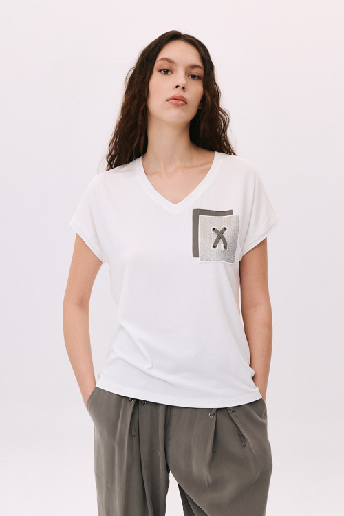 Kadın V Yaka Düşük Kollu Penye T-Shirt 6226 Ekru