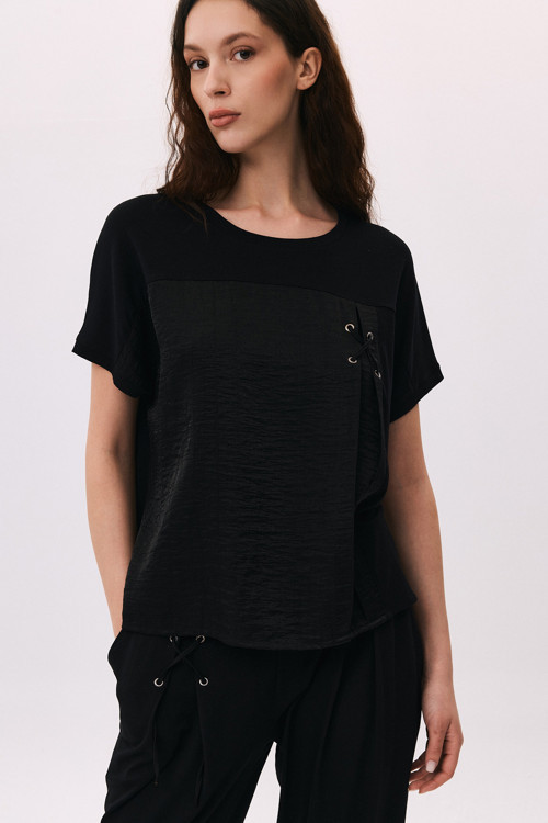Kadın Çift Kumaş Detaylı Düşük Kollu Penye T-Shirt 6211 Siyah