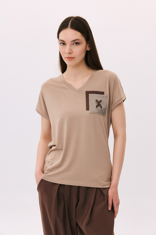 Kadın V Yaka Düşük Kollu Penye T-Shirt 6226 Sütlü Kahve