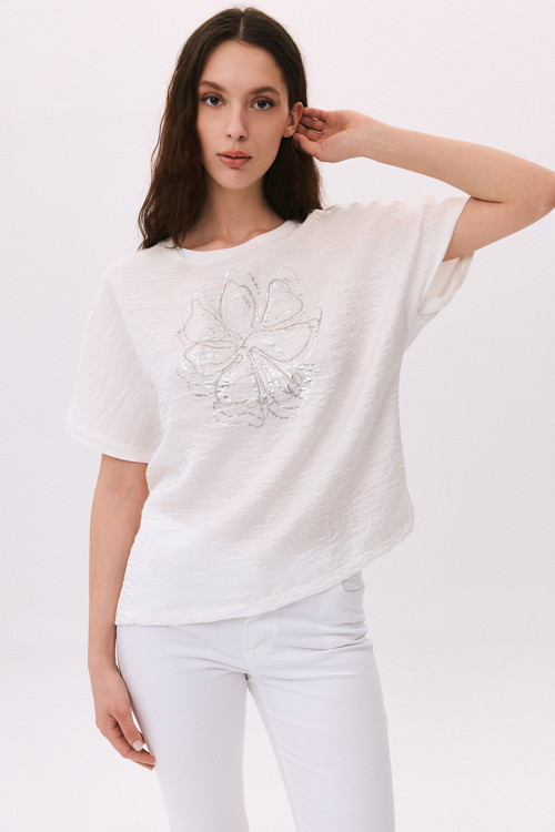 Kadın Yuvarlak Yaka Kısa Kollu Desenli T-Shirt 6217 Ekru