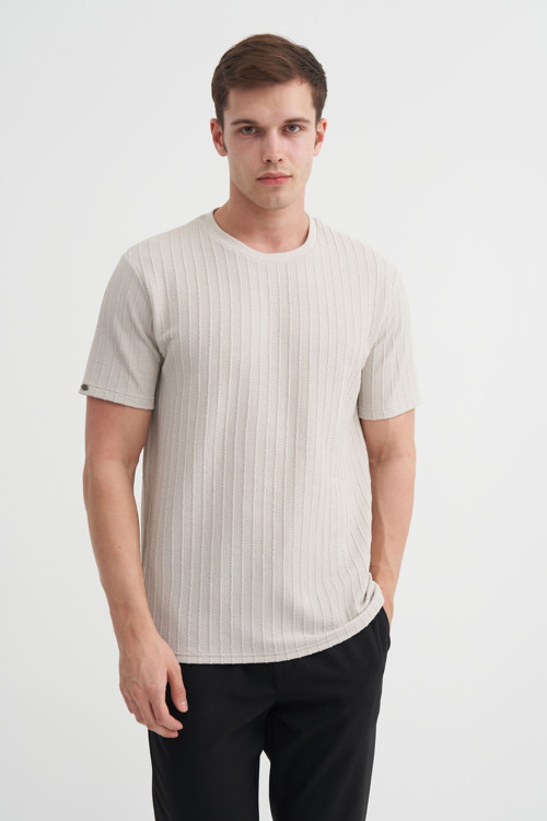 Erkek Bisiklet Yaka Örme Desen T shirt 40510 A.Gri