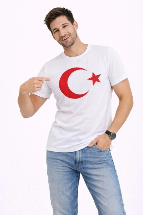 Erkek T-Shirt Kısa Kol Bisiklet Yaka Ay Yıldız Bayrak Baskılı Tişört - Beyaz