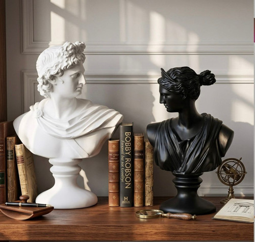 Dekoratif Apollo Diana Büst Biblo – Antik Yunan Heykel Tarzı, Biblo Siyah Beyaz Lüks Salon Konsol Süs Objesi ( polyester