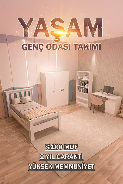 4 Parçalı Beyaz Mdf Yaşam Genç Odası Takımı (Karyola 90X190, Gardırop, Kitaplık Ve Çalışma Masası)