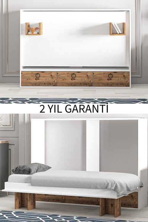 Akıllı Still 70X140 Yatak Uyumlu Yatay Açılır Duvar Yatağı Beyaz Antik Çam Kitaplıklı Karyola