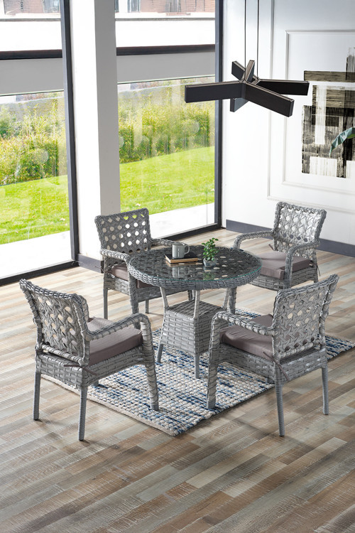 Ayaz 4 Kişilik Rattan Bahçe Balkon Mutfak Masa Takımı Açık Gri