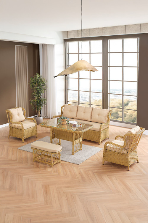 Paris Rattan Puflu Bahçe Balkon Takımı 3+1+1 Cam Masalı Cappuccino