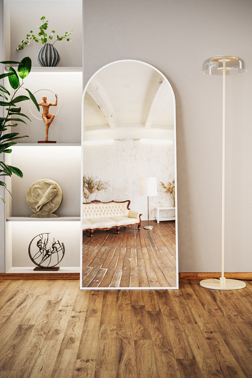 Pamir Beyaz Metal Çerçeveli Ayaklı Oval Boy Aynası 180X70 Cm