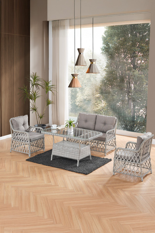 Roma Rattan Bahçe Balkon Takımı 2+1+1 Cam Masalı Gri