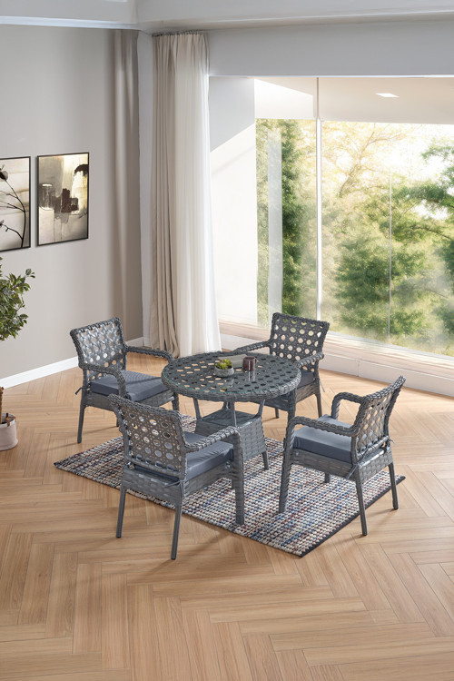 Ayaz 4 Kişilik Rattan Bahçe Balkon Mutfak Masa Takımı Gri