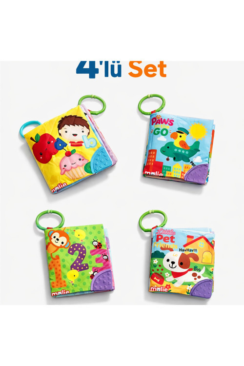 Soft Bebek Kitabı Seti Çıngıraklı, Diş Kaşıyıcılı, Askılı Eğitici Bez Kitap 4'lü