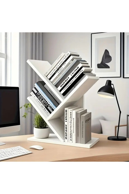 Ağaç Kitaplık Eğimli Raflı Sağlam Malzeme Modern Masaüstü Kitaplık Ev Ofisi Çalışma Odası Beyaz