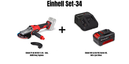 Set-34 (Einhell TP-AG 18/125 F Li BL - Solo, Akülü Avuç Taşlama+Einhell 18V 4,0 Ah PXC Starter Kit, Akü & Şarj Cihazı)