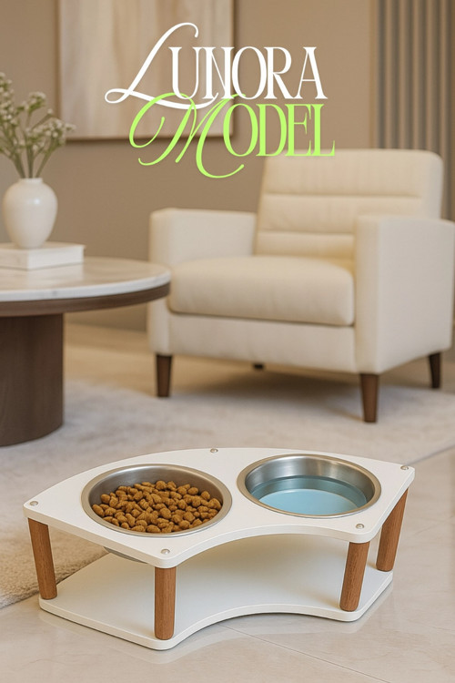 OK-AY Store Lunara Modern Ahşap Kedi ve Köpek Mama Standı 2'li Paslanmaz Çelik Kase Beyaz