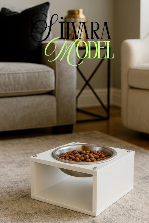 OK-AY Store Silvara Modern Ahşap Kedi ve Köpek Mama Standı Mama ve Su Kabı Beyaz