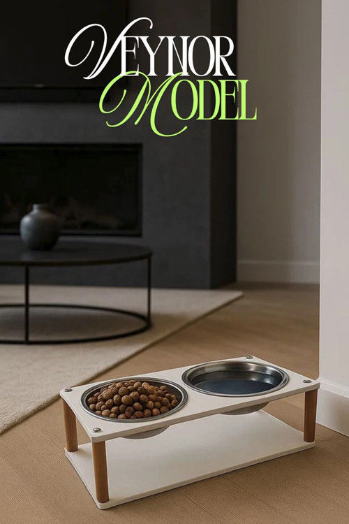 OK-AY Store Veynor Modern Ahşap Kedi Köpek Mama Standı 2'li Mama ve Su Standı Beyaz