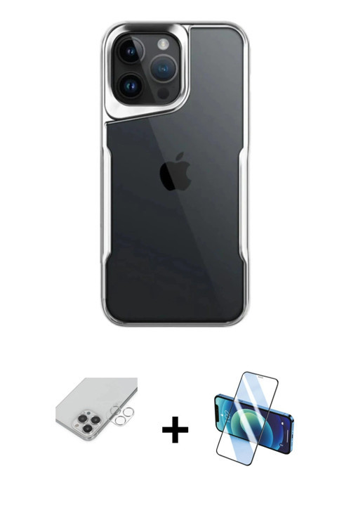 ieg™ iPhone 14 Pro Max Kılıf Akış Çizgi Koleksiyonu - Siyah 3D Antistatik Cam Ekran Koruyucu + Gümüş